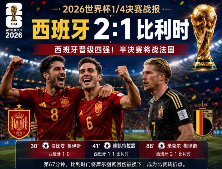 世界杯:1/4决赛战报:西班牙2比1力克比利时 晋级四强,将与法国争夺决赛席位