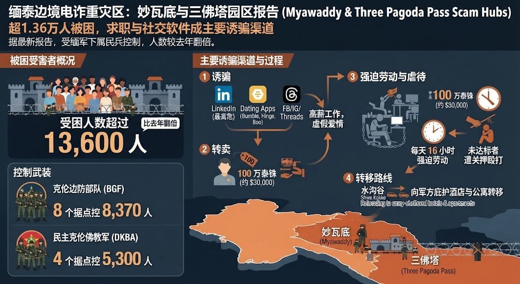 缅甸资讯:妙瓦底及三佛塔电诈园区超1.36万人被困,求职与社交软件成主要诱骗渠道