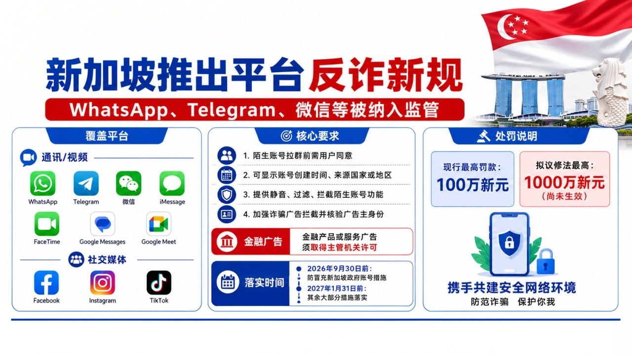 新加坡资讯:推出平台反诈新规,多款通讯及社交APP纳入监管