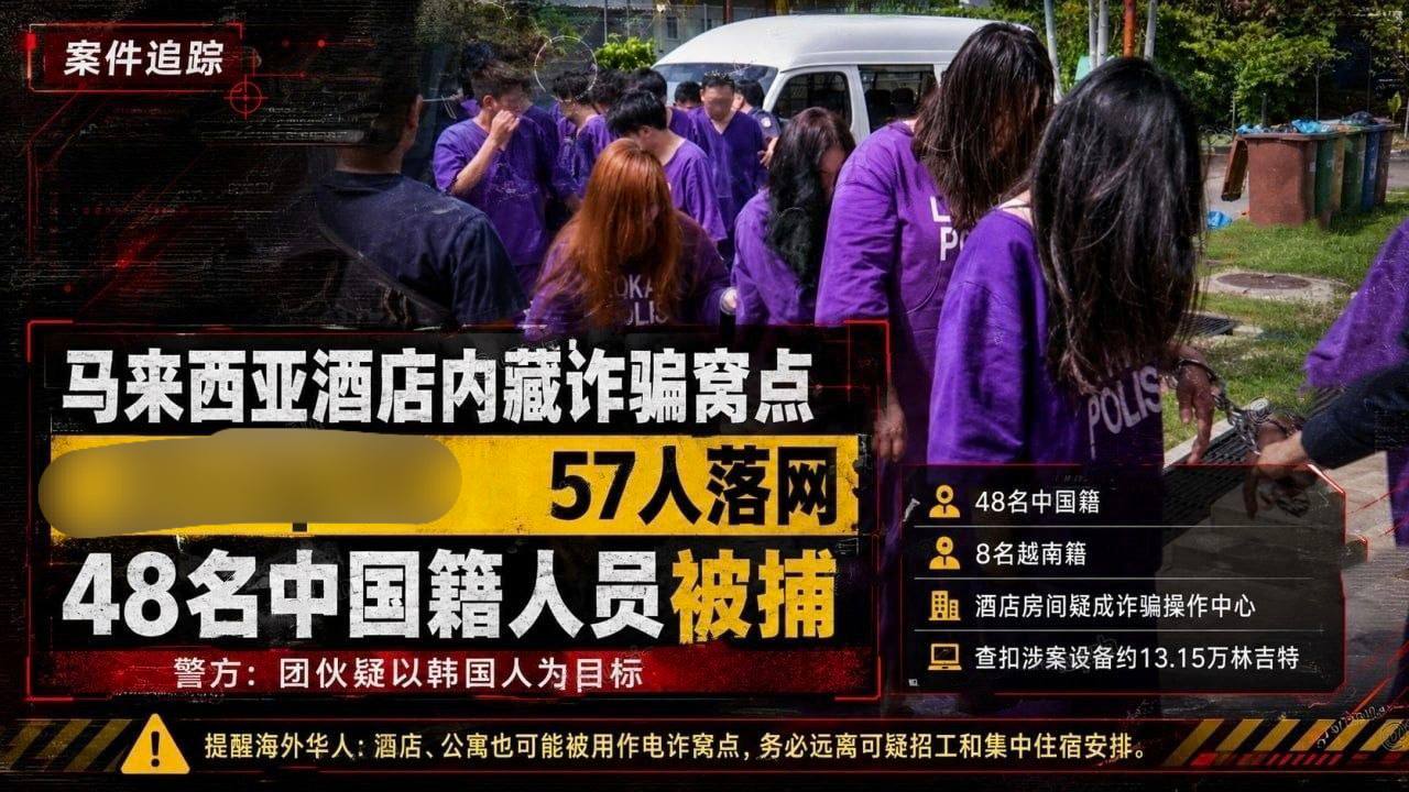 马来西亚酒店内藏诈骗窝点:57人落网,48名中国籍人员被捕