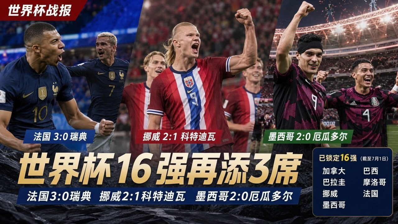 世界杯:32强战报:法国、挪威、墨西哥晋级,科特迪瓦遭逆转,英格兰今晚登场