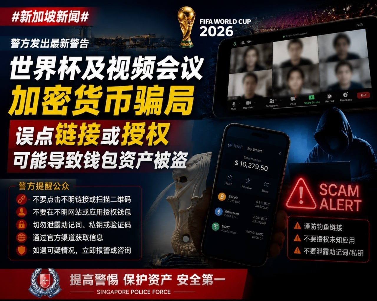 新加坡资讯:警方警告世界杯及视频会议加密货币骗局,误点链接或授权可能导致钱包资产被盗