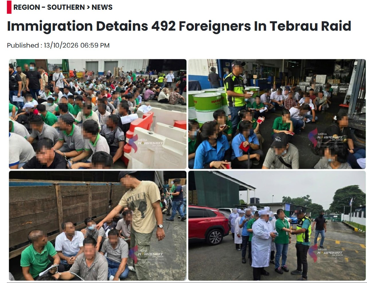 马来西亚资讯:柔佛州突击检查工厂,492名外籍人员被扣查