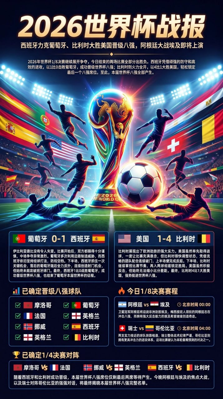 世界杯:战报:西班牙力克葡萄牙、比利时大胜美国晋级八强,阿根廷大战埃及即将上演