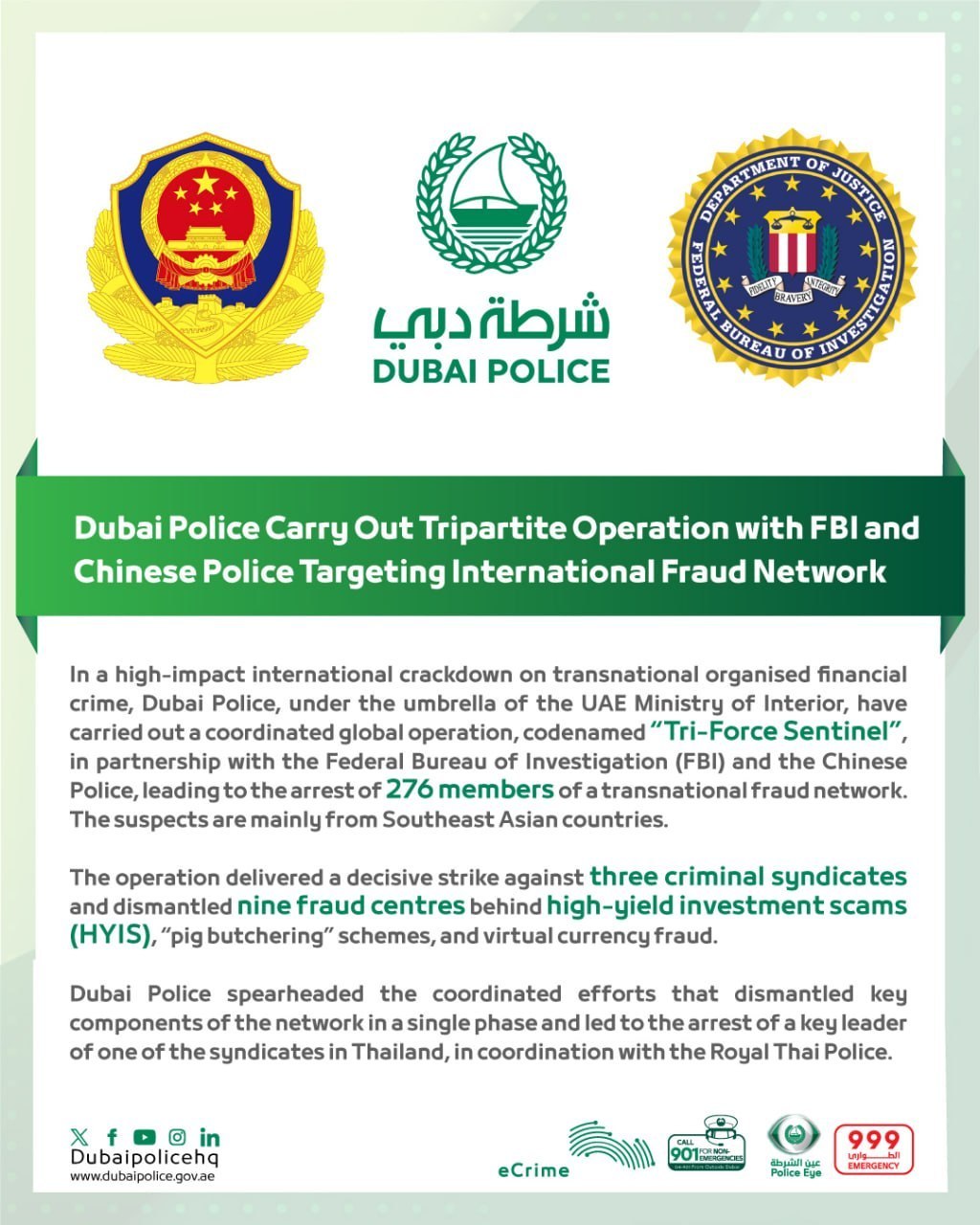 迪拜联手FBI和中国警方 端掉跨国诈骗网络:276人被捕,9个诈骗中心被关闭