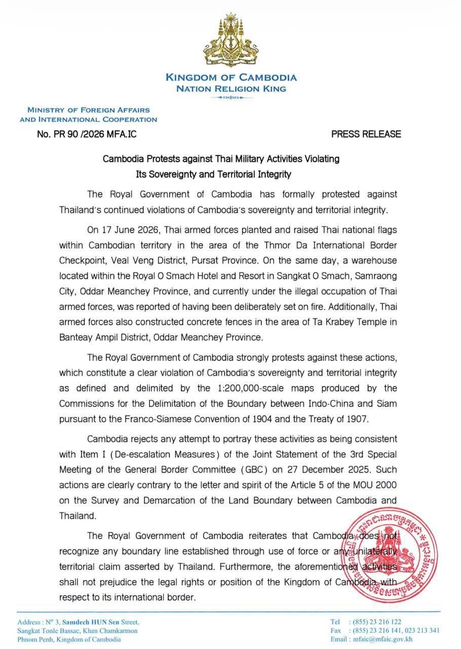 柬埔寨抗议泰国侵犯其边境主权