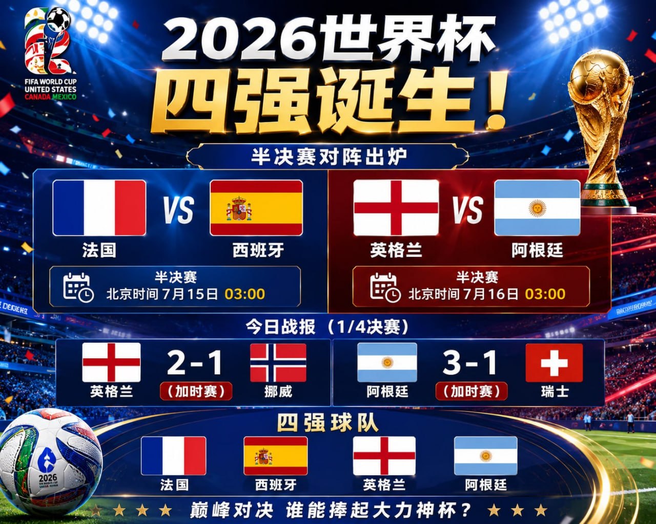 世界杯:1/4决赛战报:英格兰、阿根廷双双晋级四强!半决赛对阵全部出炉